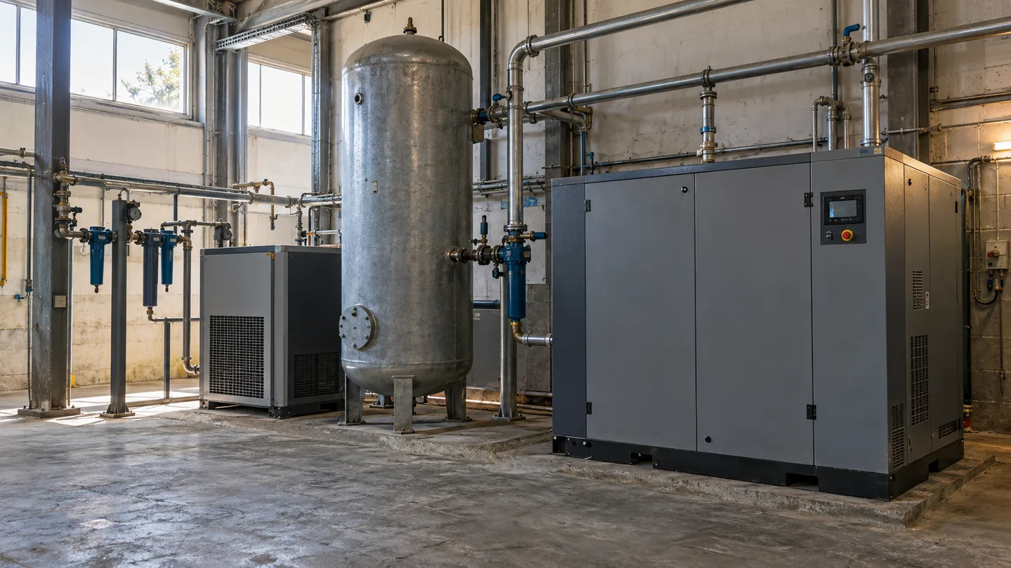 Illustration of a compressor, air receiver and air treatment equipment in an industrial plant room