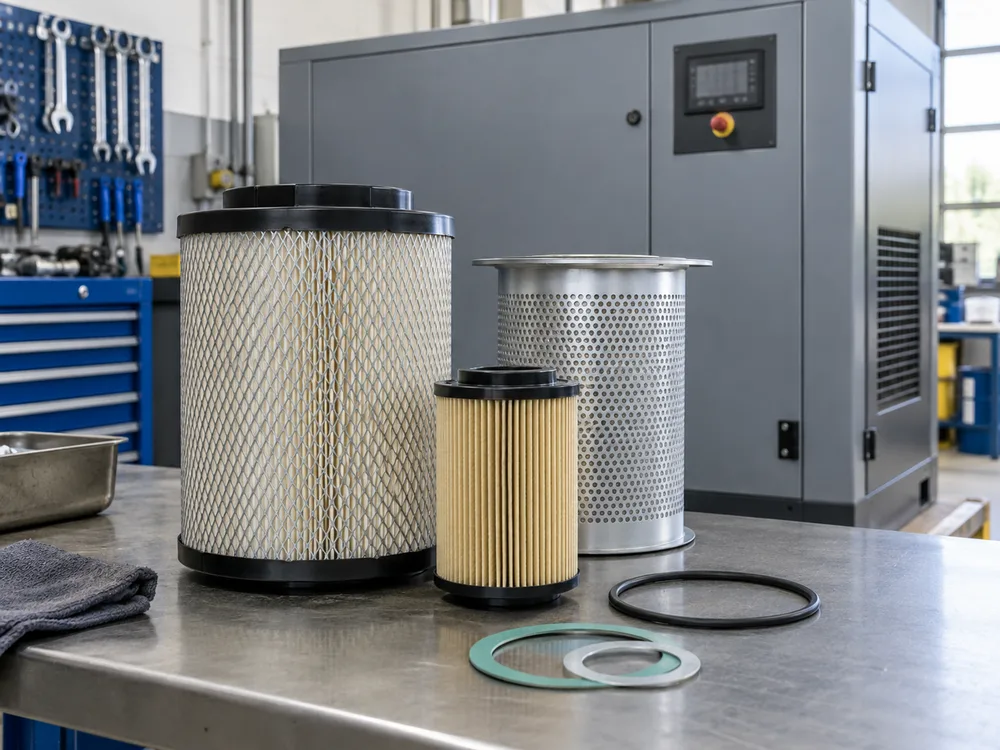 Illustration of compressor filter components beside industrial equipment